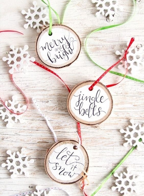 Hand Lettered Wood Slice Christmas Ornaments