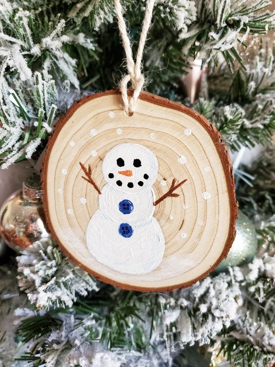 Painted Wood Slice Snowman Ornaments