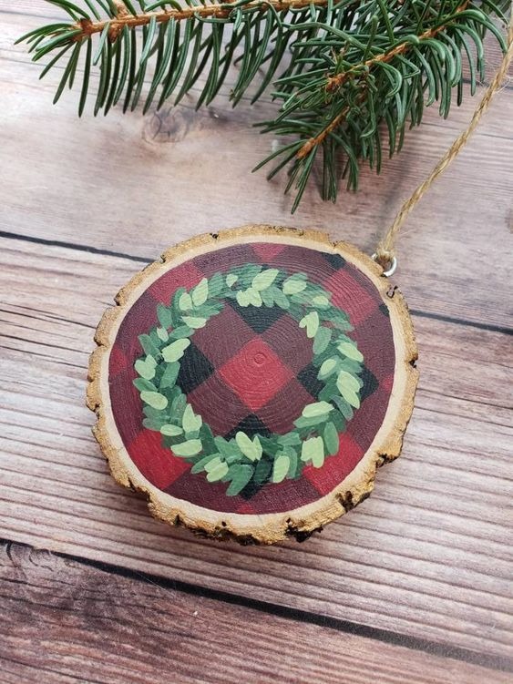 Plaid Christmas Wood Slice Ornaments