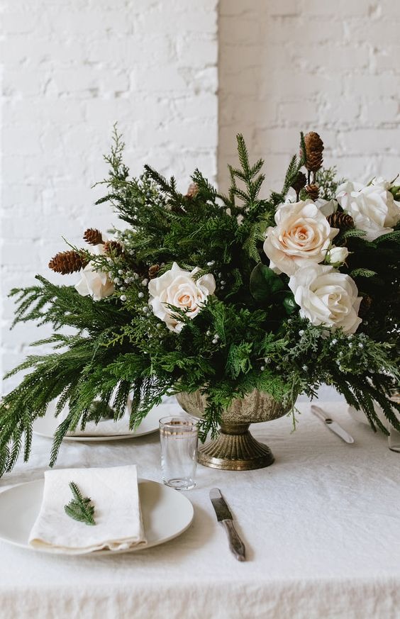 White Roses And Pine Centerpiece