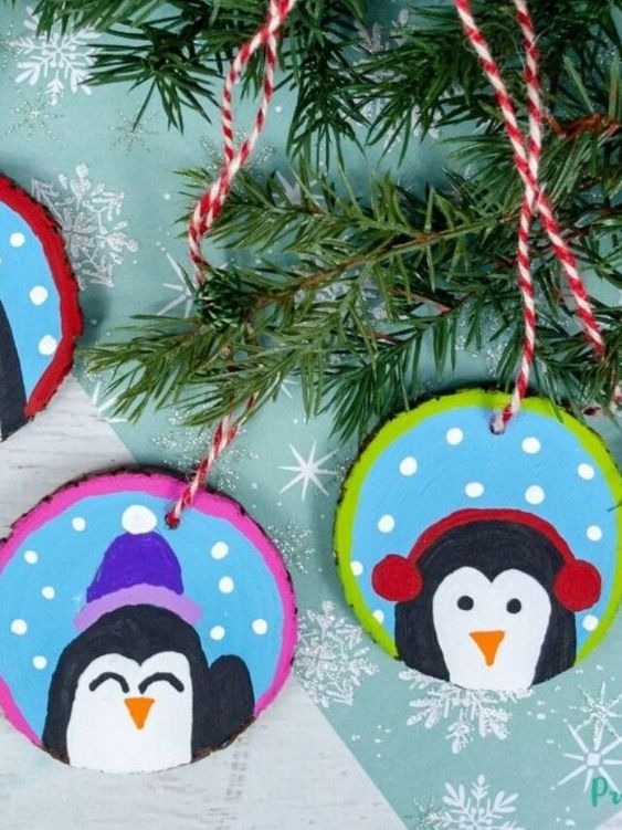 Wood Slice Penguin Ornaments