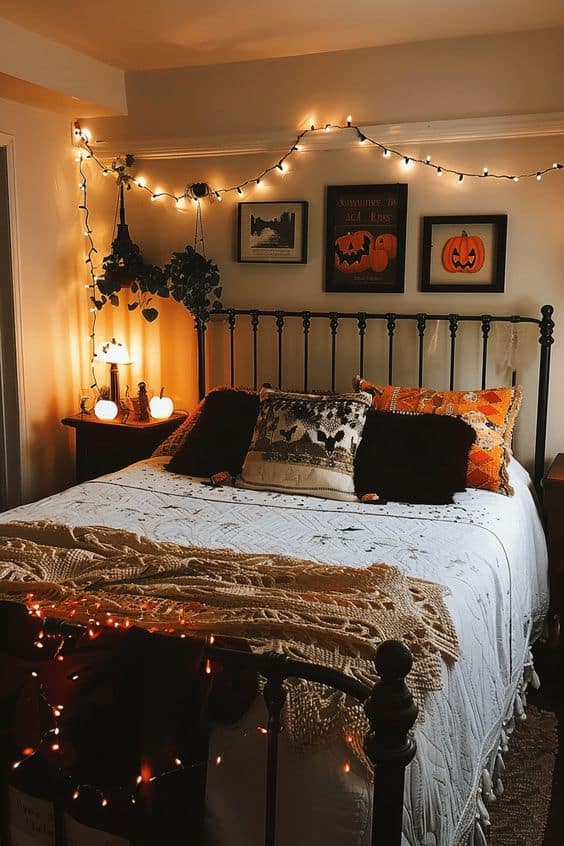 Cozy Pumpkin Glow Halloween Bedroom