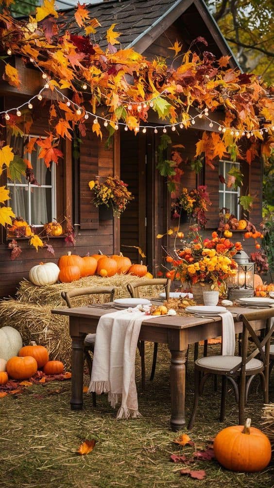 Rustic Outdoor Fall Dining with Pumpkin and Leaf 