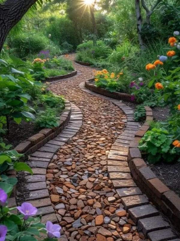 Sun-Kissed Brick Pebble Path