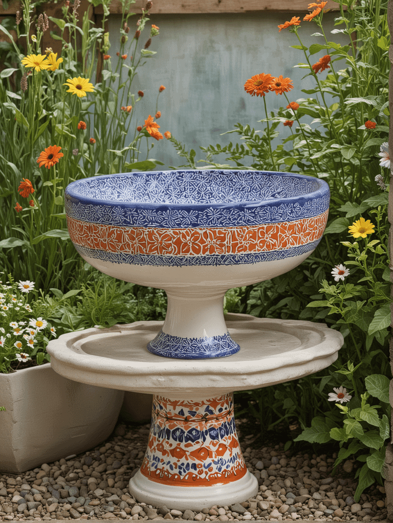 Elegant Hand-Painted Birdbath