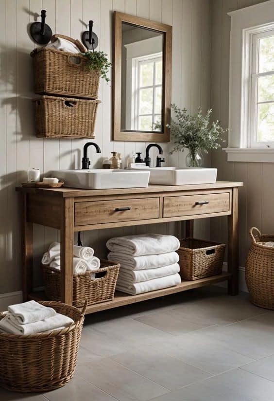 Rustic Basket-Filled Farmhouse Bathroom