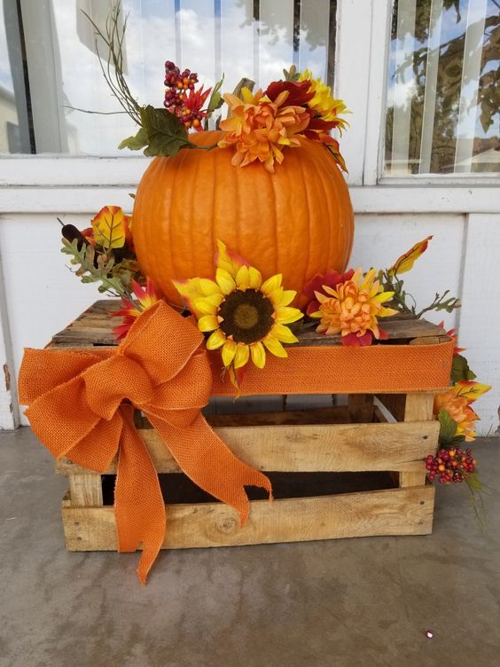 Rustic Pumpkin Crate with Burlap Bow and Sunflowers