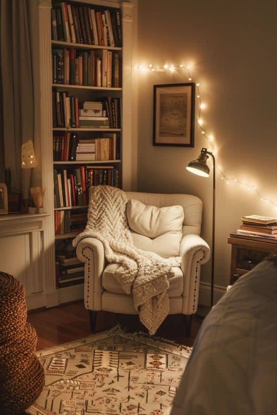 Simple and Inviting Fairy Light Reading Nook for Fall