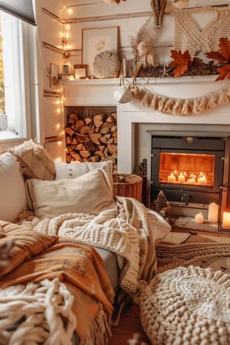 Rustic Fireplace-Illuminated Autumn Reading Sanctuary