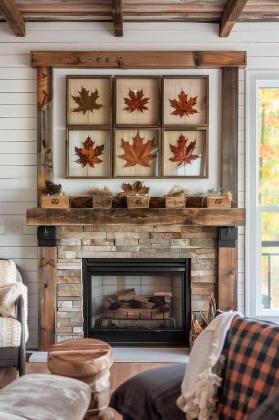 Rustic Leafy Autumn Fireplace