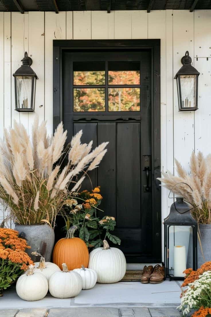 Chic Autumn Porch Décor with Pampas and Pumpkins