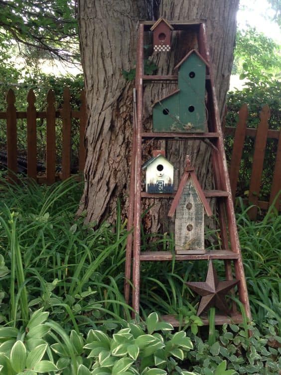 Vintage Ladder Birdhouse Display