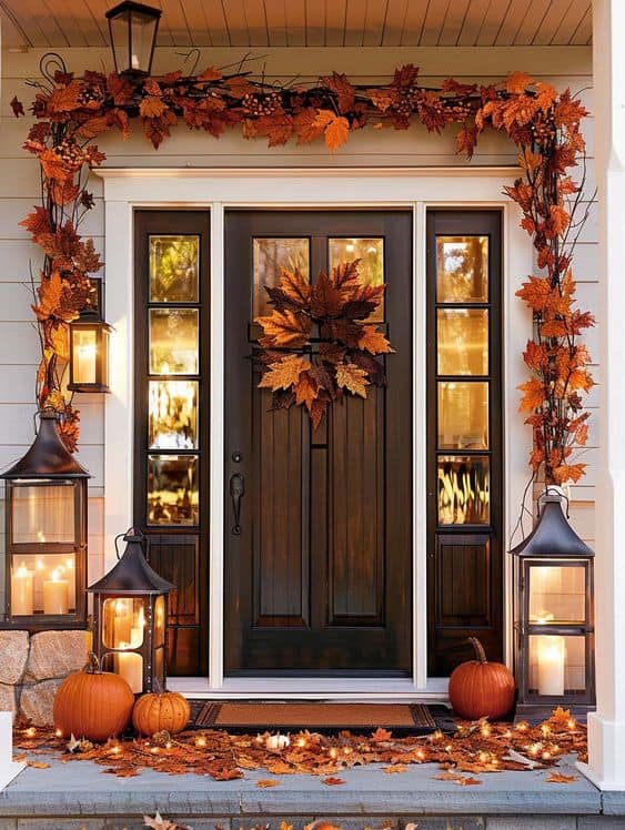 Warm Lantern and Leafy Wreath Fall Porch