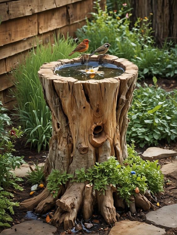 Rustic Tree Stump Birdbath