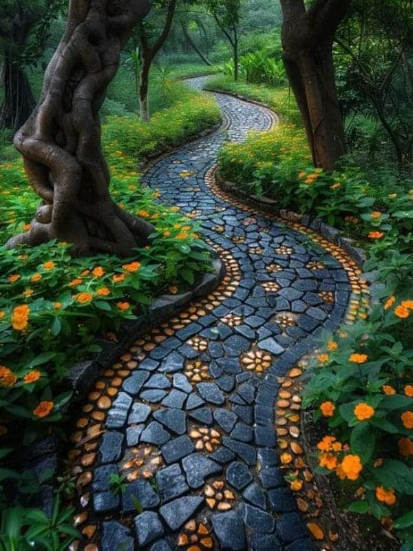 Whimsical Cobblestone Floral Path