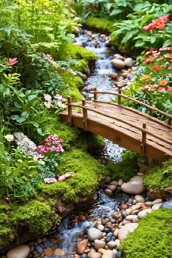 Woodland Stream Fairy Garden with Rustic Bridge