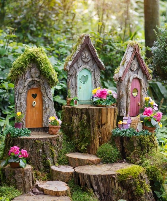 Whimsical Trio of Tree Stump Fairy Homes