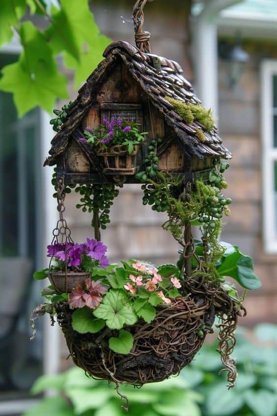 Hanging Cottage Fairy Garden Basket