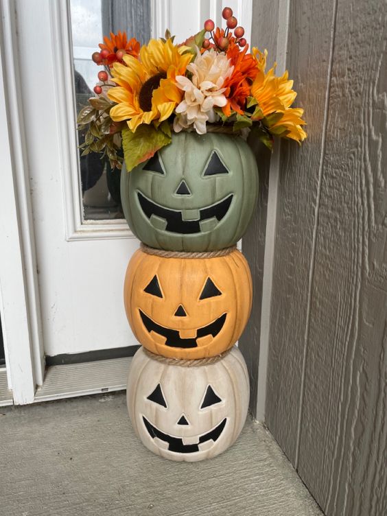 Pumpkin Trio Planter with Floral Topper