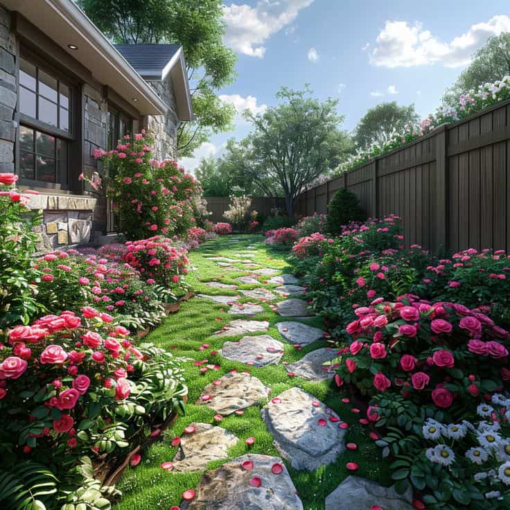 Romantic Rose-Lined Stone Walkway