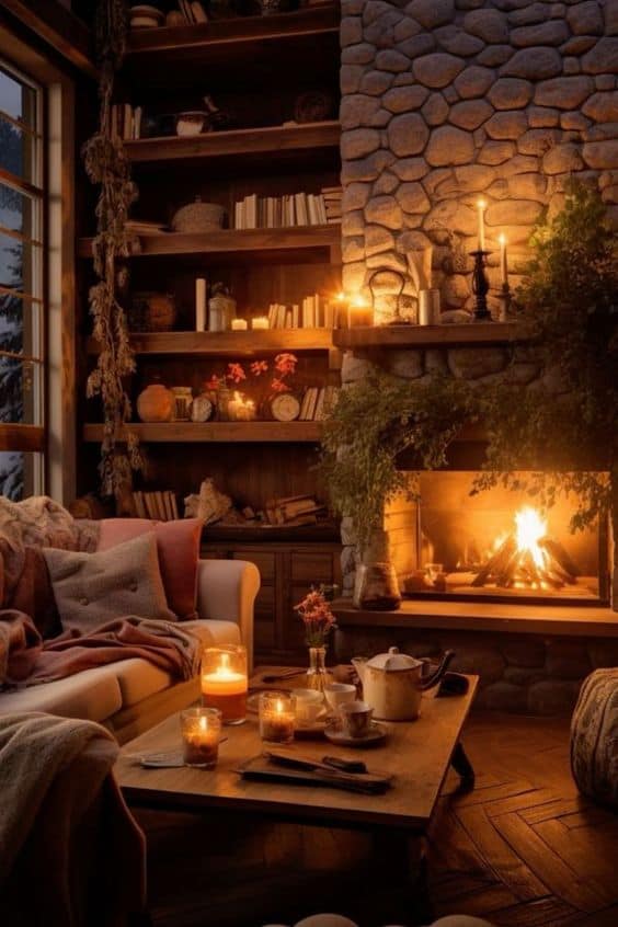 Warm Stone Fireplace and Candlelit Fall Reading Haven