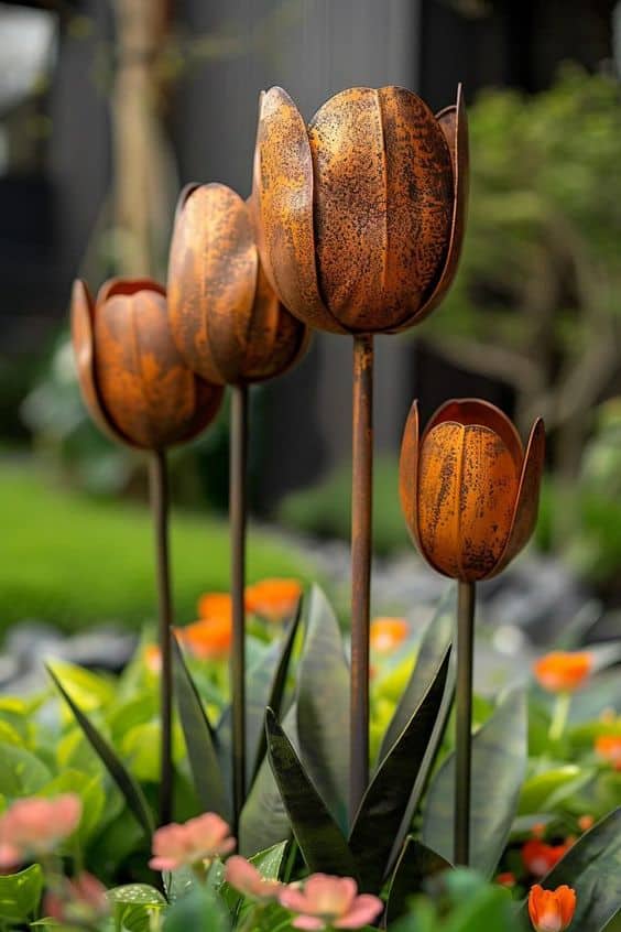 Rustic Metal Tulip Sculptures