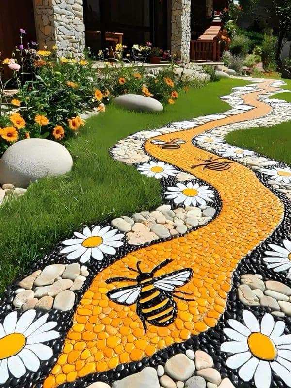 Playful Bee and Daisy Rock Path