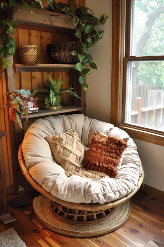 Cozy Rattan Nest Chair Fall Reading Corner