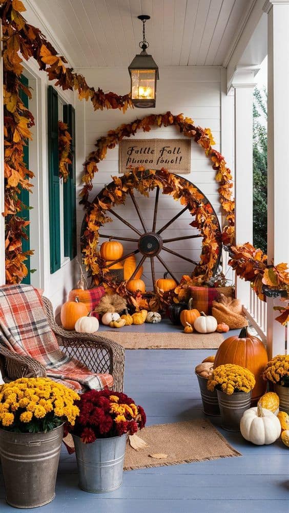 Vintage Farmhouse Porch with Pumpkin and Wagon Wheel Decor