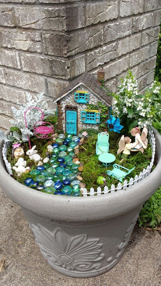 Fairy Cottage with Shimmering Stream in a Pot