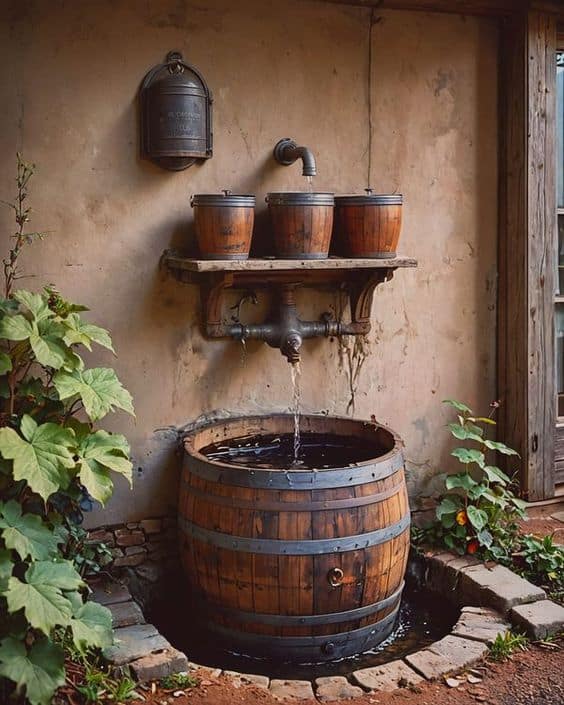 Rustic Wine Barrel Fountain