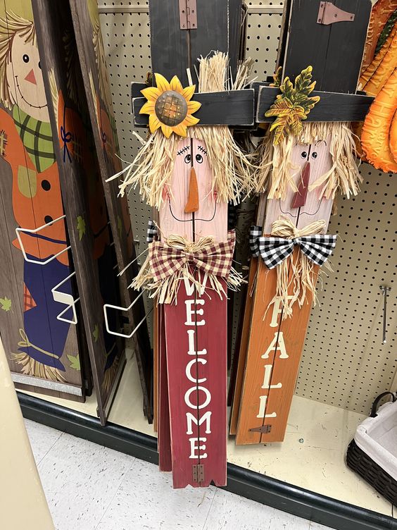 Wooden Scarecrow Welcome Signs with Gingham Bows