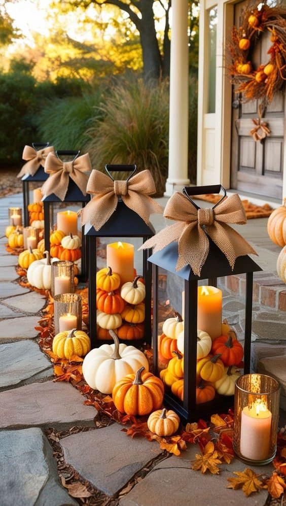 Lantern Pathway with Mini Pumpkins and Candles