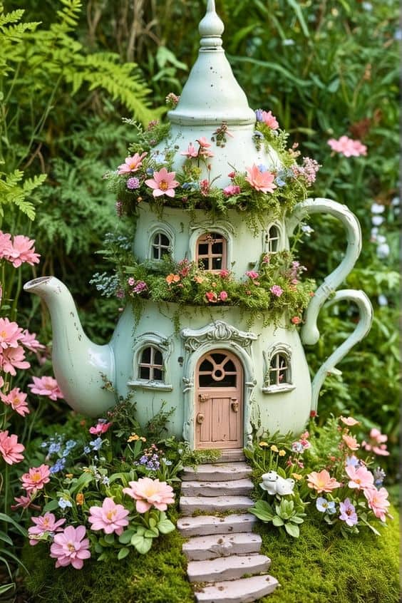 Charming Floral Teapot Fairy House