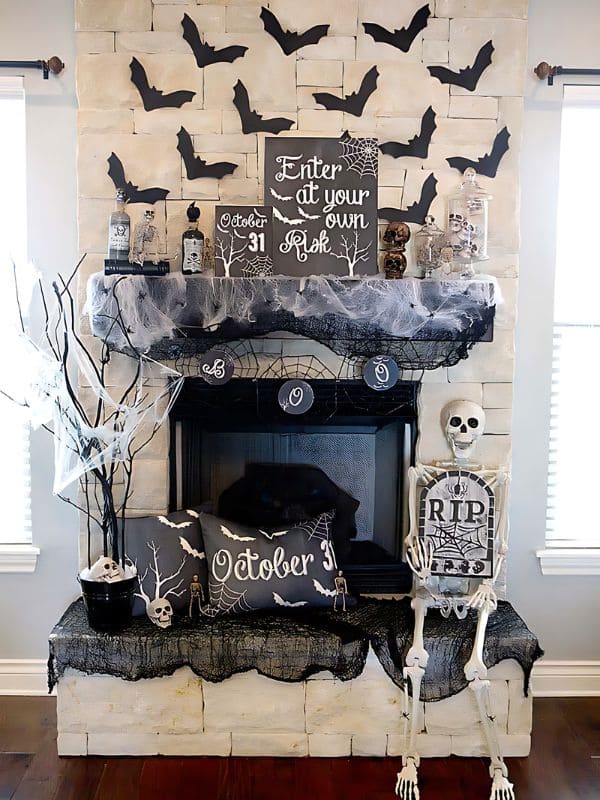 Chilling Bats and Skeleton Halloween Fireplace