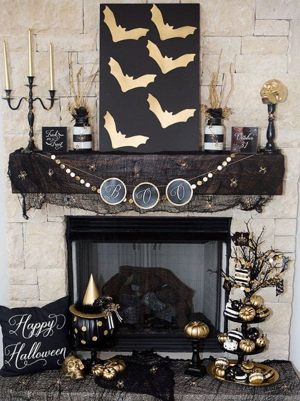 Elegant Black and Gold Halloween Mantle