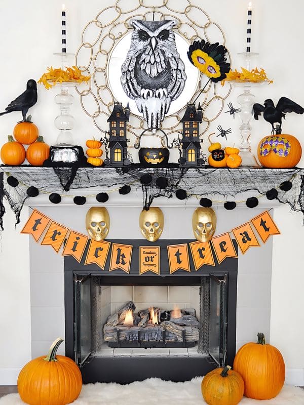 Elegant Owl and Pumpkin Halloween Fireplace