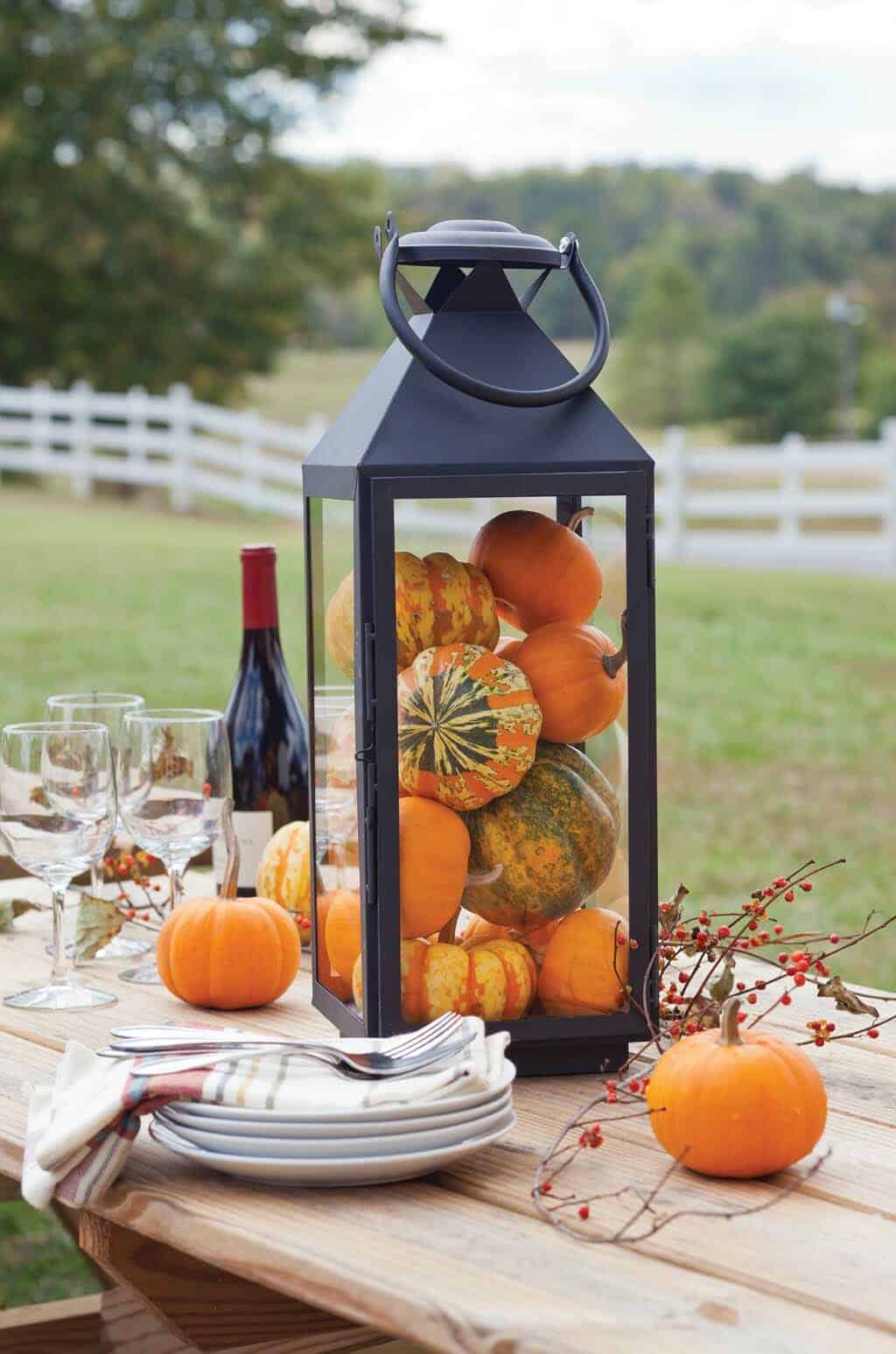 Festive Lantern Filled with Colorful Gourds and Pumpkins