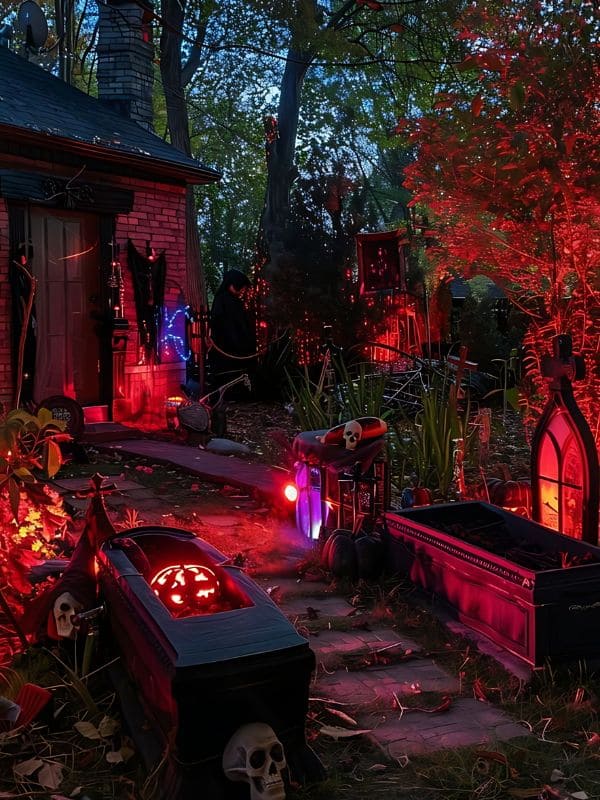 Gothic Cemetery Pathway with Haunting Red Glow