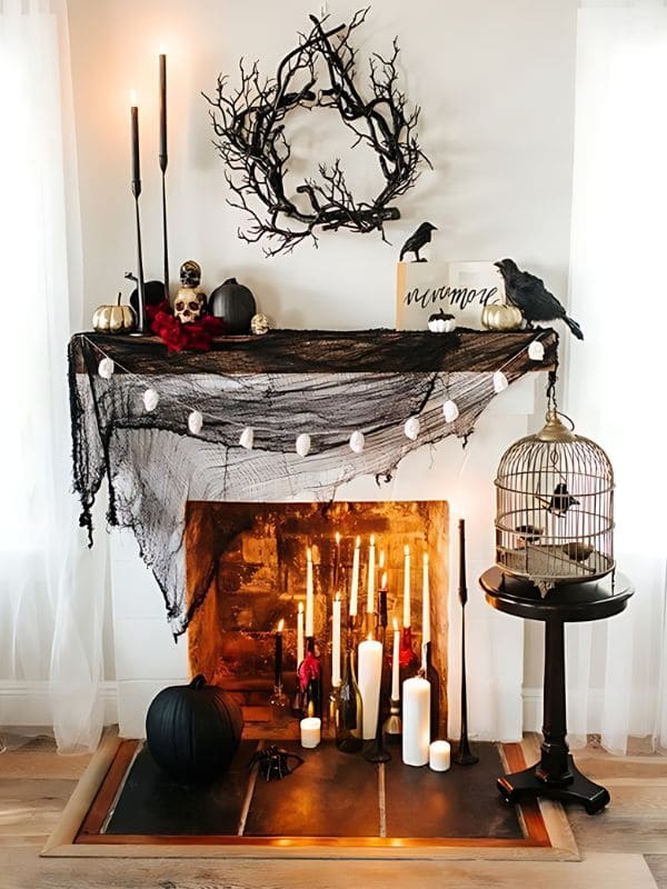 Gothic Skull, Rose, and Candlelit Halloween Mantle