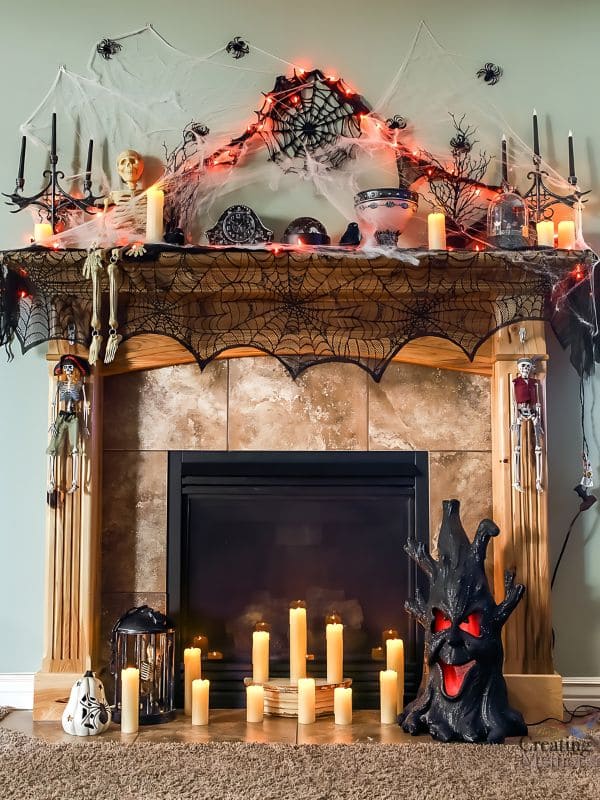 Gothic Spiderweb and Candlelit Halloween Fireplace