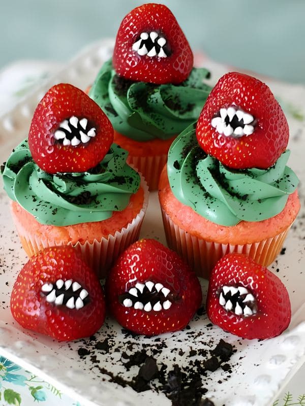 Monster Strawberry-Topped Halloween Cupcakes