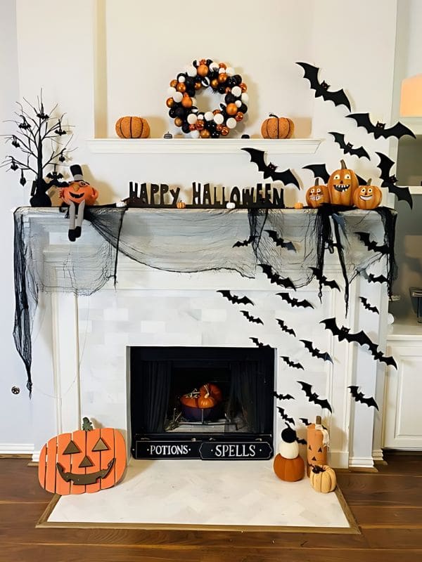 Playful Pumpkin & Bat Halloween Mantle