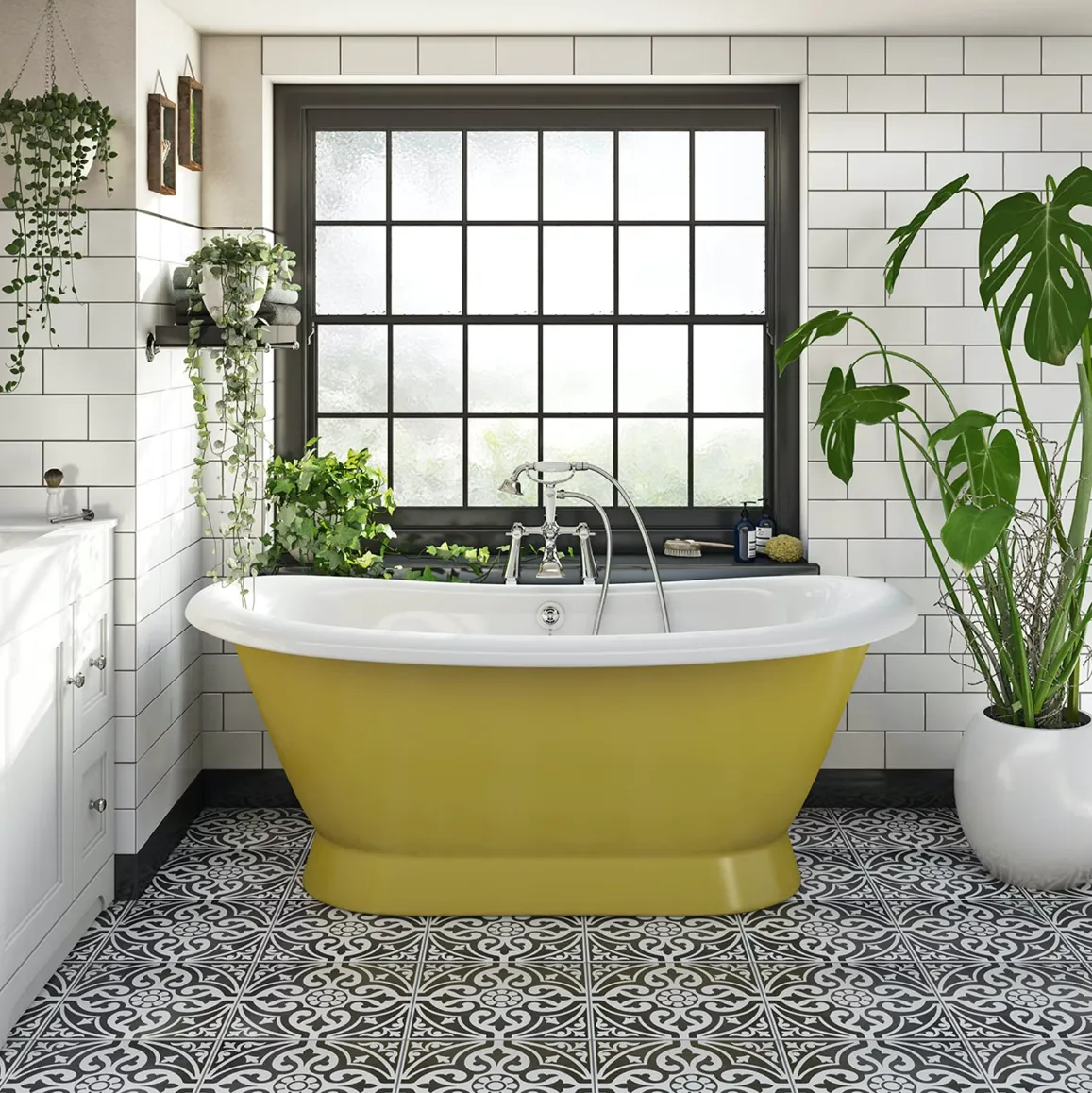 Modern Botanical Yellow Tub Bathroom