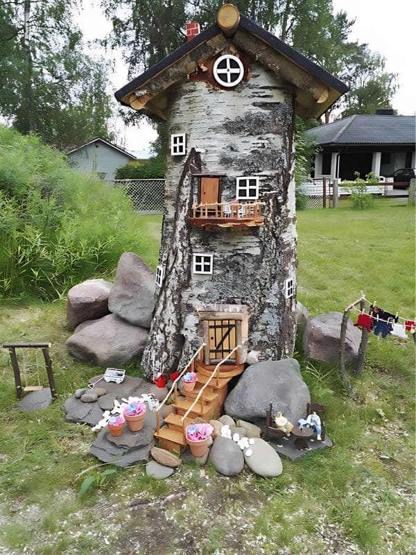 Tree Stump Gnome House With Balcony Charm