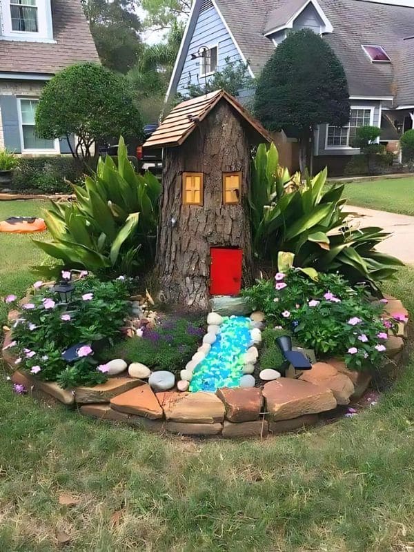 Tree Trunk Gnome House with Crystal Stream