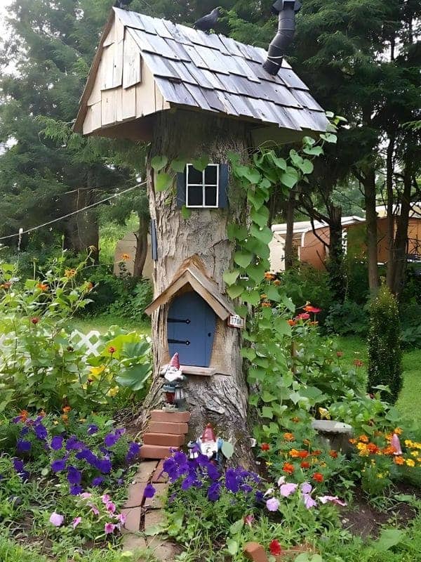 Treehouse Gnome Haven with Vibrant Garden Blooms