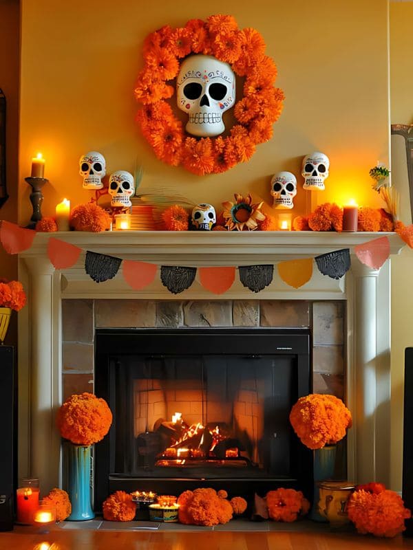 Vibrant Skull and Marigold Halloween Fireplace