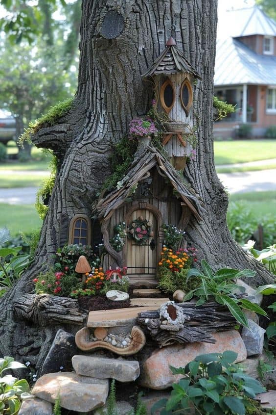 Whimsical Tree Trunk Fairy Cottage