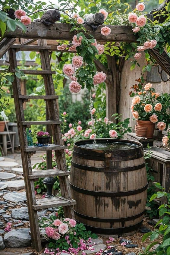 Rustic Barrel Fountain Rose Corner